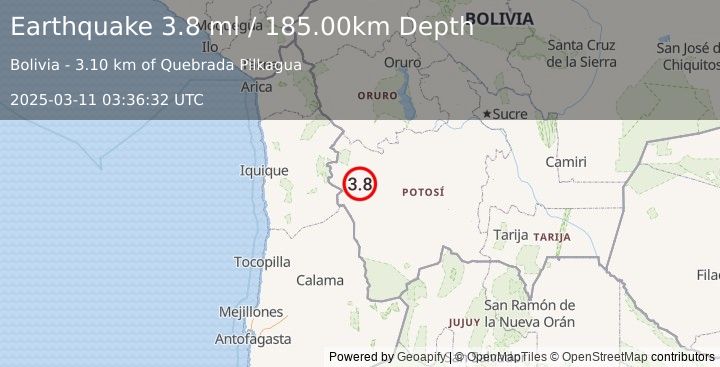 Earthquake POTOSI, BOLIVIA (3.8 ml) (2025-03-11 03:36:32 UTC)