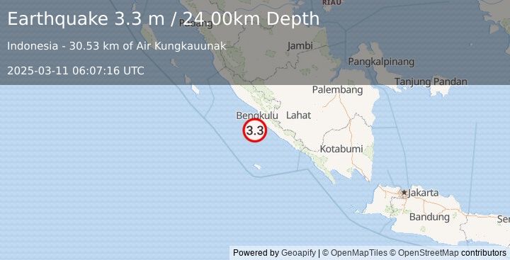 Earthquake SOUTHERN SUMATRA, INDONESIA (3.3 m) (2025-03-11 06:07:16 UTC)