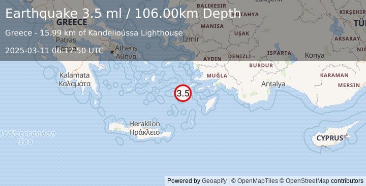 Earthquake DODECANESE ISLANDS, GREECE (3.5 ml) (2025-03-11 06:17:50 UTC)