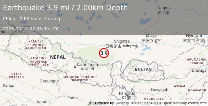 Earthquake WESTERN XIZANG (3.8 ml) (2025-03-11 07:05:18 UTC)