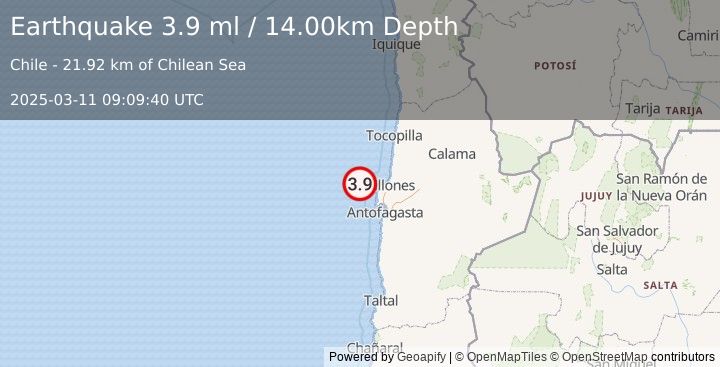 Earthquake OFFSHORE ANTOFAGASTA, CHILE (3.9 ml) (2025-03-11 09:09:47 UTC)