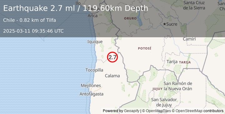 Earthquake TARAPACA, CHILE (2.7 ml) (2025-03-11 09:35:46 UTC)