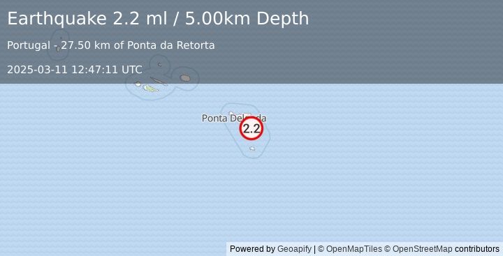 Earthquake AZORES ISLANDS, PORTUGAL (2.2 ml) (2025-03-11 12:47:11 UTC)