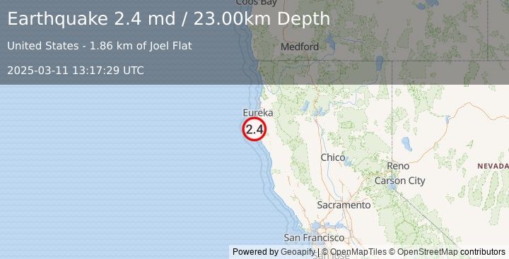 Earthquake NORTHERN CALIFORNIA (2.4 md) (2025-03-11 13:17:29 UTC)