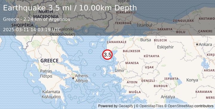 Earthquake NEAR THE COAST OF WESTERN TURKEY (3.5 ml) (2025-03-11 14:03:19 UTC)