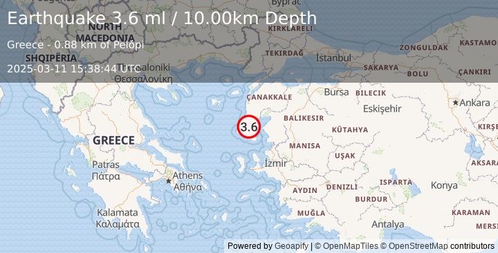 Earthquake NEAR THE COAST OF WESTERN TURKEY (3.4 ml) (2025-03-11 15:38:44 UTC)