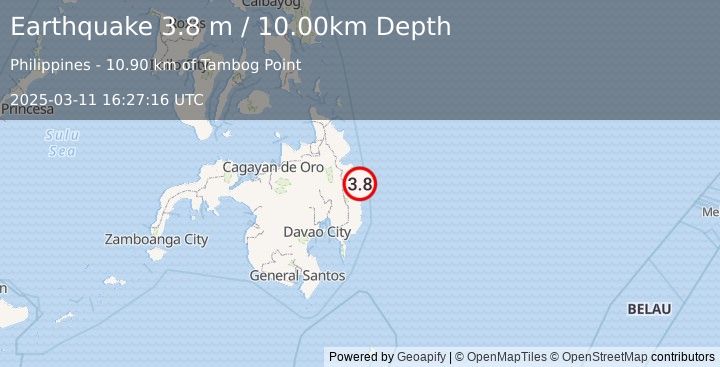 Earthquake MINDANAO, PHILIPPINES (3.8 m) (2025-03-11 16:27:16 UTC)