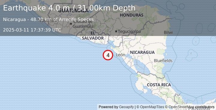 Earthquake NEAR COAST OF NICARAGUA (4.0 m) (2025-03-11 17:37:39 UTC)