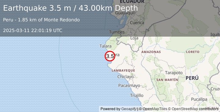 Earthquake NEAR COAST OF NORTHERN PERU (3.5 m) (2025-03-11 22:01:19 UTC)