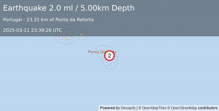 Earthquake AZORES ISLANDS, PORTUGAL (2.0 ml) (2025-03-11 23:39:26 UTC)