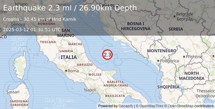 Earthquake ADRIATIC SEA (2.3 ml) (2025-03-12 01:30:51 UTC)