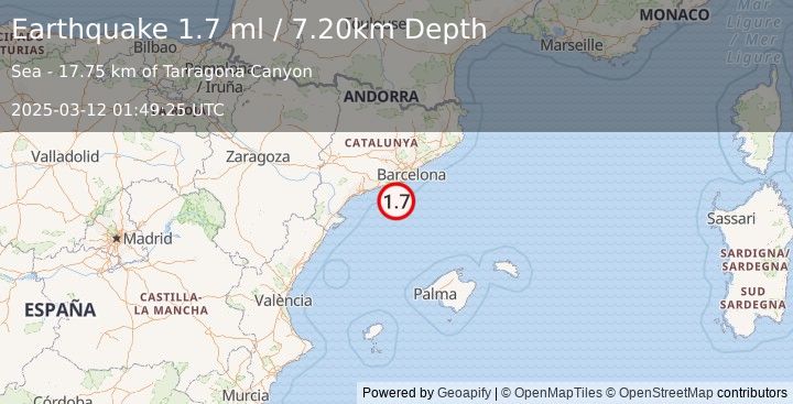 Earthquake BALEARIC ISLANDS, SPAIN (1.7 ml) (2025-03-12 01:49:25 UTC)