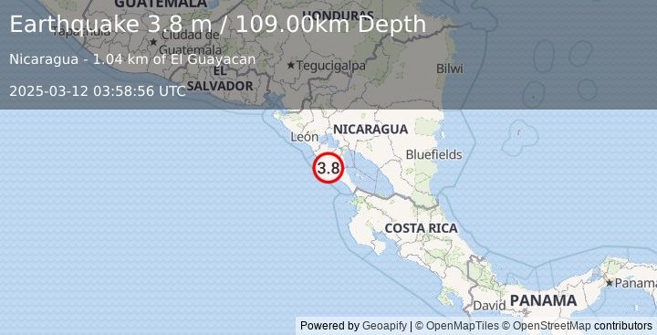 Earthquake NEAR COAST OF NICARAGUA (3.8 m) (2025-03-12 03:58:56 UTC)