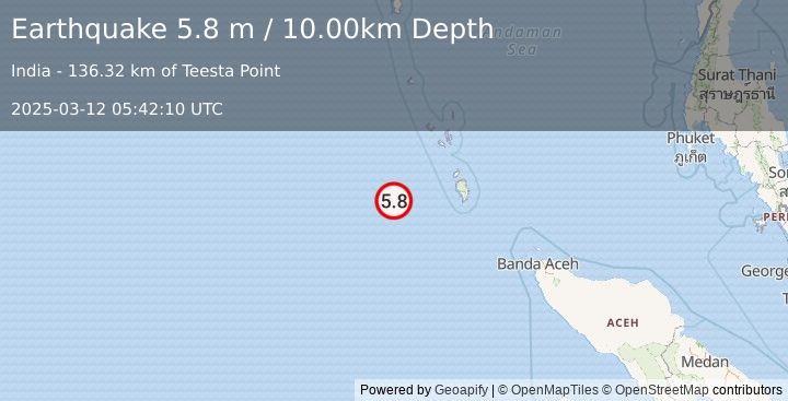 Earthquake NICOBAR ISLANDS, INDIA REGION (5.9 mw) (2025-03-12 05:42:09 UTC)