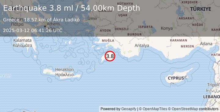 Earthquake DODECANESE IS.-TURKEY BORDER REG (3.8 ml) (2025-03-12 06:41:25 UTC)