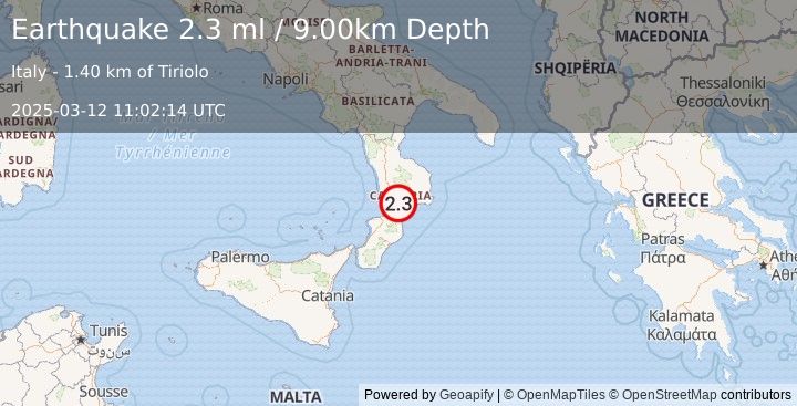 Earthquake SOUTHERN ITALY (2.3 ml) (2025-03-12 11:02:14 UTC)