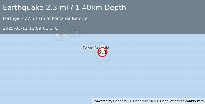 Earthquake AZORES ISLANDS, PORTUGAL (2.3 ml) (2025-03-12 11:09:01 UTC)