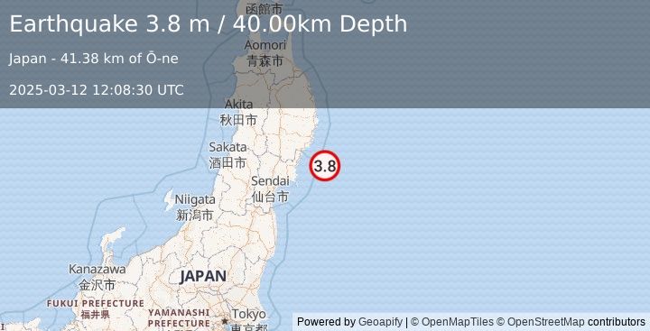 Earthquake NEAR EAST COAST OF HONSHU, JAPAN (3.8 m) (2025-03-12 12:08:30 UTC)