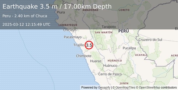 Earthquake NEAR COAST OF NORTHERN PERU (3.5 m) (2025-03-12 12:15:49 UTC)