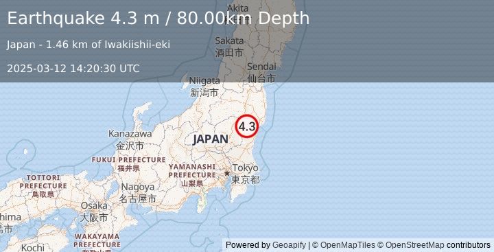 Earthquake NEAR EAST COAST OF HONSHU, JAPAN (4.3 m) (2025-03-12 14:20:30 UTC)