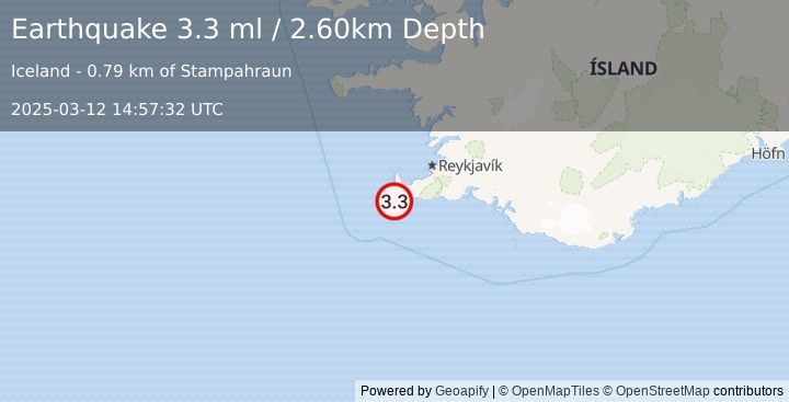 Earthquake ICELAND REGION (3.3 ml) (2025-03-12 14:57:32 UTC)