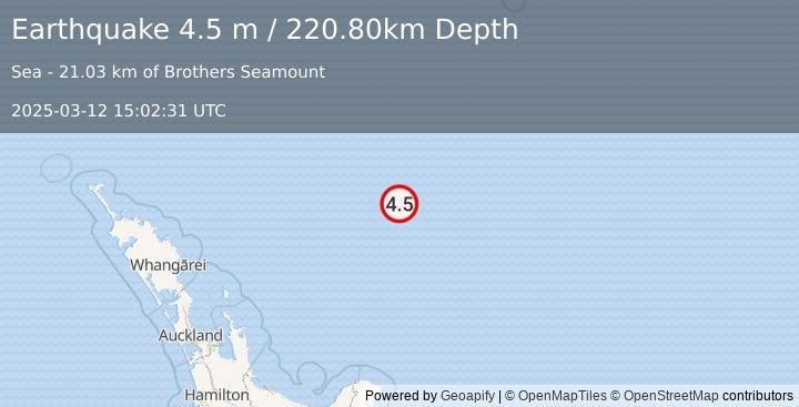 Earthquake SOUTH OF KERMADEC ISLANDS (4.5 m) (2025-03-12 15:02:31 UTC)