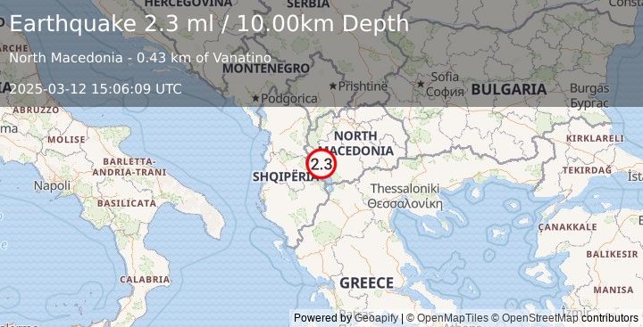 Earthquake REPUBLIC OF NORTH MACEDONIA (2.3 ml) (2025-03-12 15:06:09 UTC)