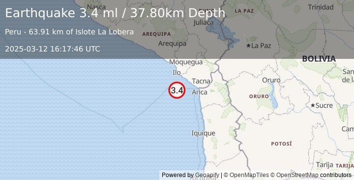 Earthquake OFF COAST OF TARAPACA, CHILE (3.4 ml) (2025-03-12 16:17:46 UTC)