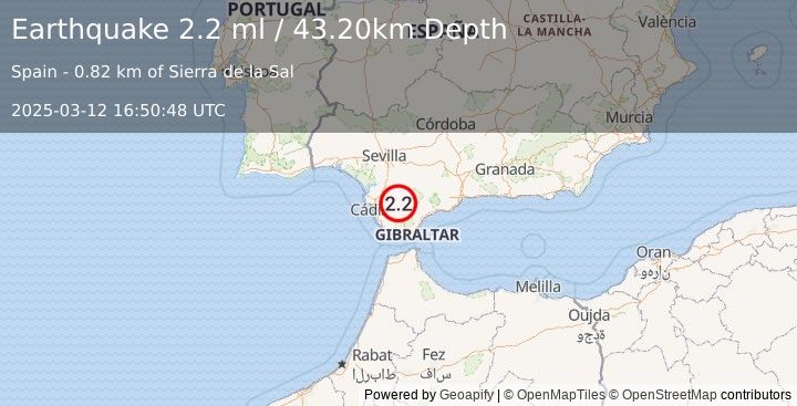 Earthquake STRAIT OF GIBRALTAR (2.2 ml) (2025-03-12 16:50:48 UTC)