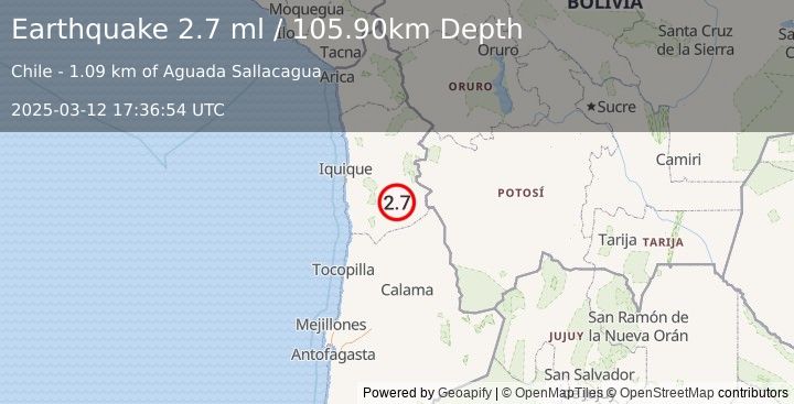 Earthquake TARAPACA, CHILE (2.7 ml) (2025-03-12 17:36:54 UTC)