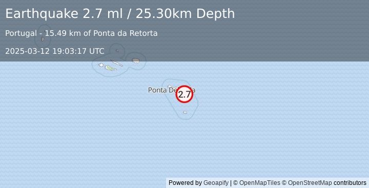 Earthquake AZORES ISLANDS, PORTUGAL (2.7 ml) (2025-03-12 19:03:17 UTC)