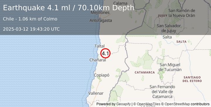 Earthquake ATACAMA, CHILE (4.1 ml) (2025-03-12 19:43:18 UTC)