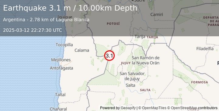 Earthquake JUJUY, ARGENTINA (3.3 ml) (2025-03-12 22:26:55 UTC)