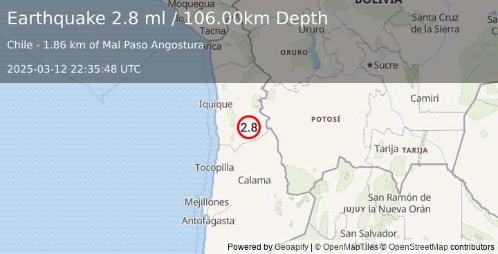 Earthquake TARAPACA, CHILE (2.8 ml) (2025-03-12 22:35:48 UTC)