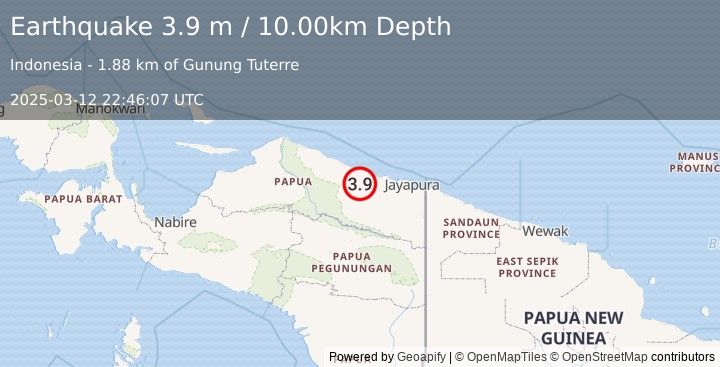 Earthquake NEAR N COAST OF PAPUA, INDONESIA (3.9 m) (2025-03-12 22:46:07 UTC)