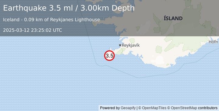 Earthquake ICELAND REGION (3.5 ml) (2025-03-12 23:25:02 UTC)