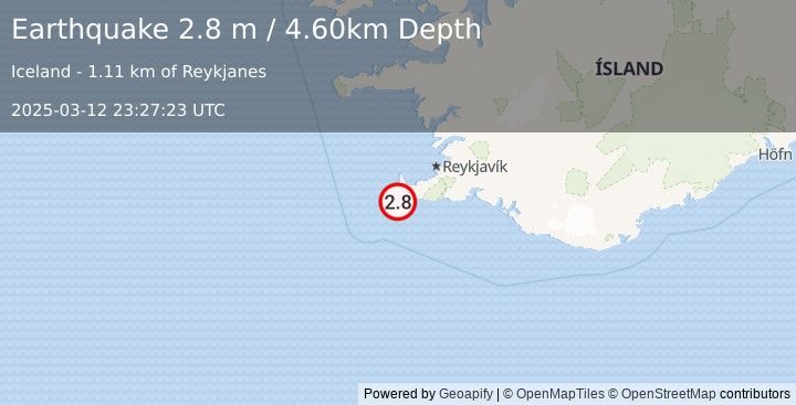 Earthquake ICELAND REGION (3.0 m) (2025-03-12 23:27:22 UTC)