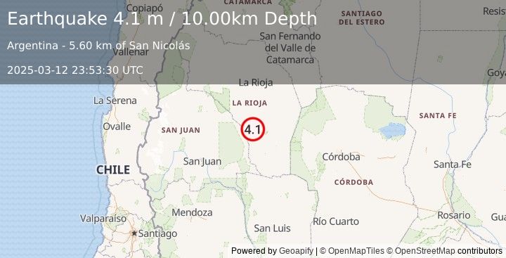 Earthquake LA RIOJA, ARGENTINA (4.1 m) (2025-03-12 23:53:30 UTC)