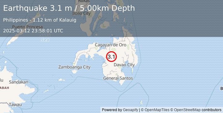 Earthquake MINDANAO, PHILIPPINES (3.1 m) (2025-03-12 23:58:01 UTC)