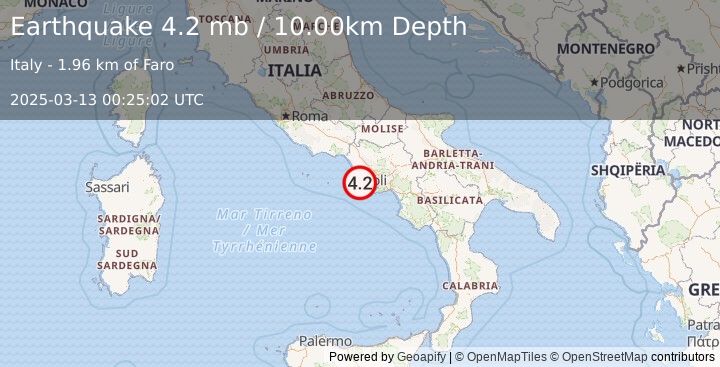 Earthquake SOUTHERN ITALY (4.2 mb) (2025-03-13 00:25:02 UTC)