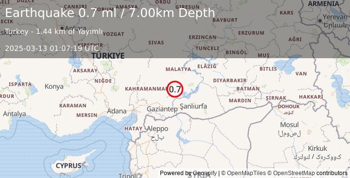 Earthquake CENTRAL TURKEY (0.7 ml) (2025-03-13 01:07:19 UTC)