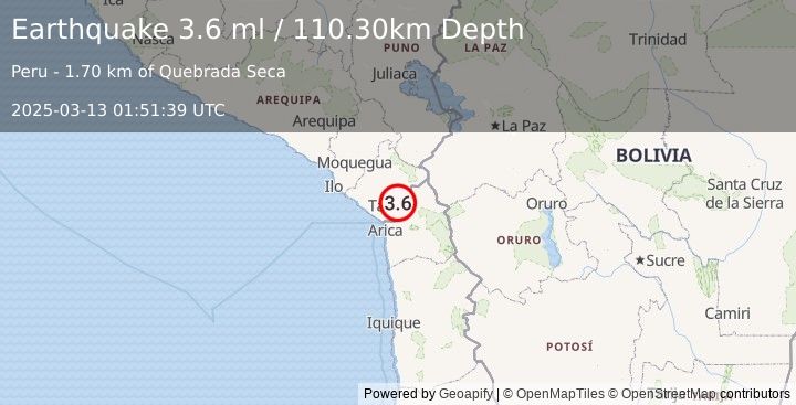 Earthquake SOUTHERN PERU (3.6 ml) (2025-03-13 01:51:39 UTC)