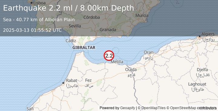 Earthquake STRAIT OF GIBRALTAR (2.2 ml) (2025-03-13 01:55:52 UTC)