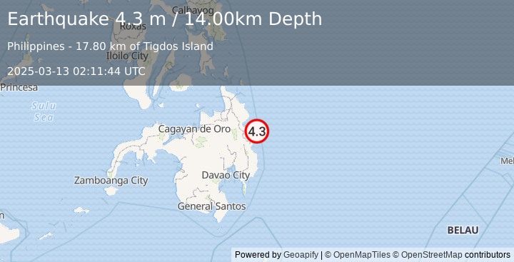 Earthquake MINDANAO, PHILIPPINES (4.3 m) (2025-03-13 02:11:44 UTC)