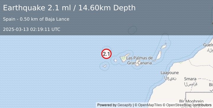 Earthquake CANARY ISLANDS, SPAIN REGION (1.8 ml) (2025-03-13 02:19:04 UTC)