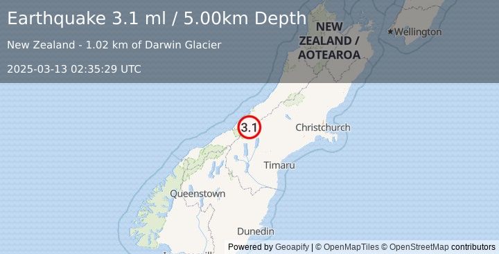 Earthquake SOUTH ISLAND OF NEW ZEALAND (3.1 ml) (2025-03-13 02:35:29 UTC)