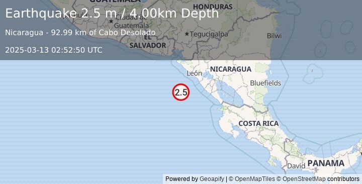 Earthquake NEAR COAST OF NICARAGUA (2.5 m) (2025-03-13 02:52:50 UTC)