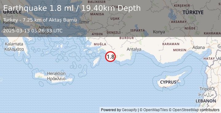 Earthquake WESTERN TURKEY (1.8 ml) (2025-03-13 03:26:33 UTC)