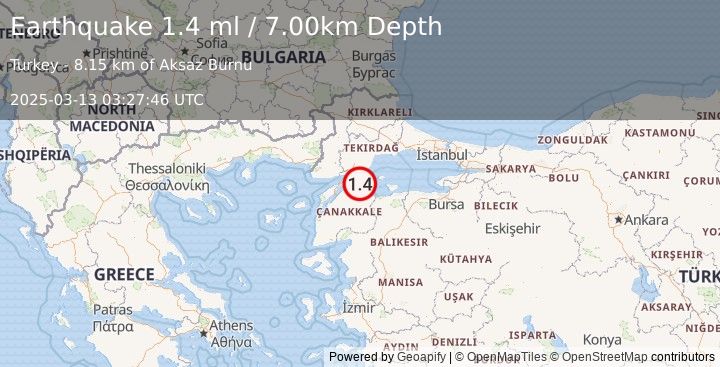 Earthquake WESTERN TURKEY (1.4 ml) (2025-03-13 03:27:46 UTC)