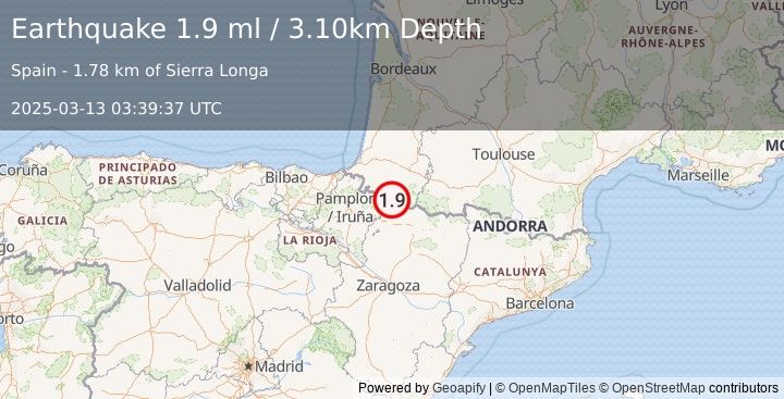 Earthquake PYRENEES (1.9 ml) (2025-03-13 03:39:37 UTC)